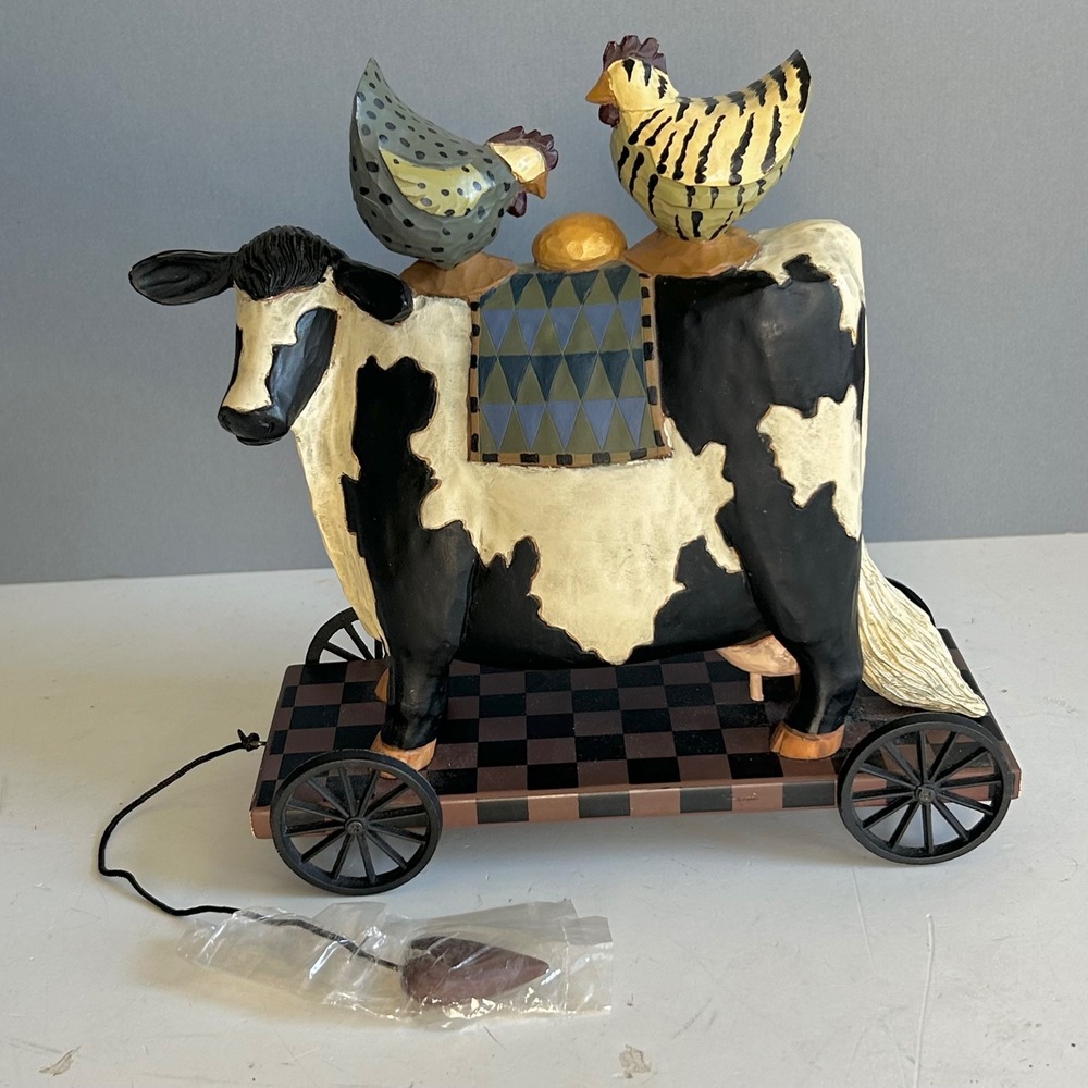 Williraye Studio 1999 Cow and Chickens Golden Egg Cart Folk Art Figurine Country